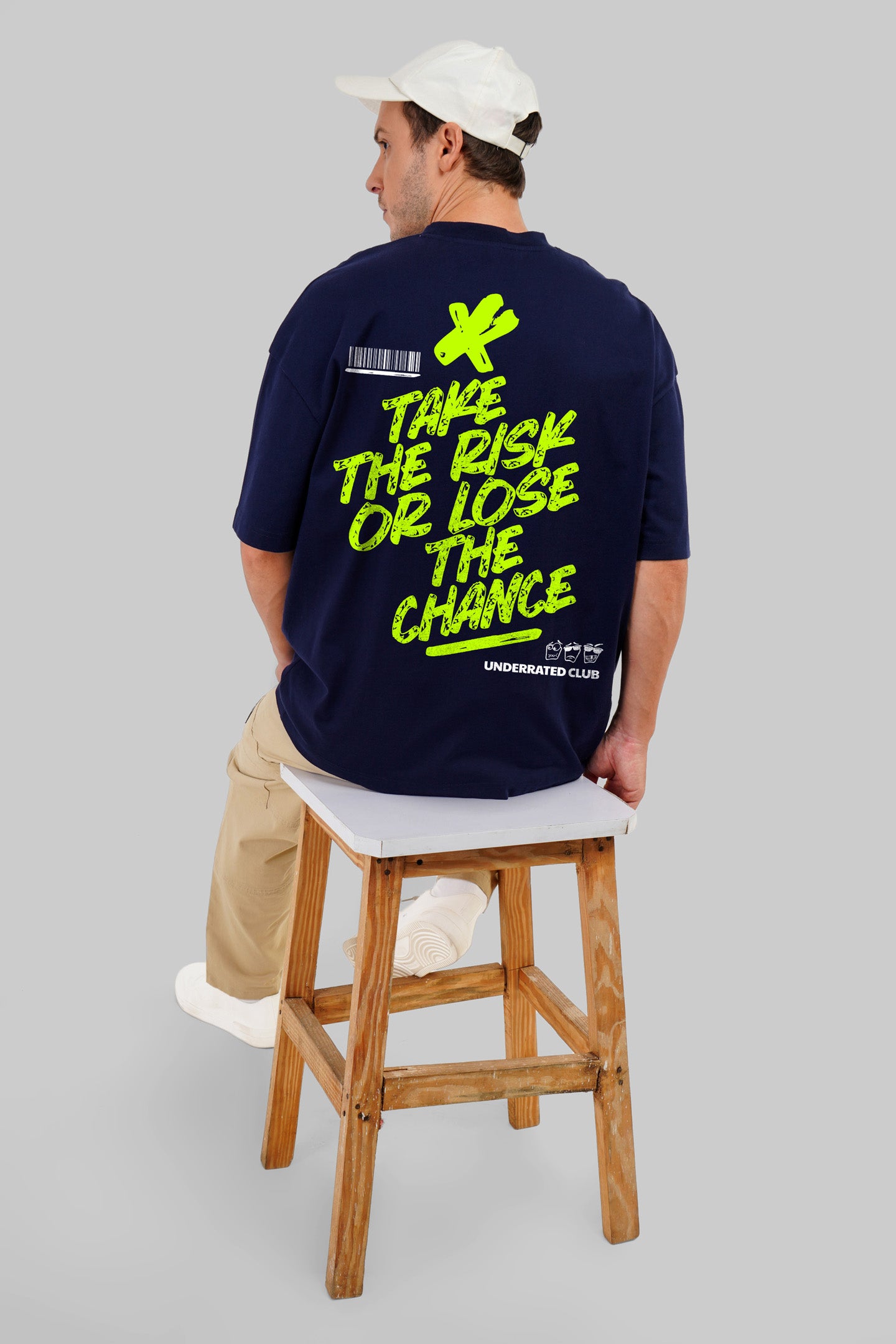 Take The Risk Neon Typographic Navy Blue Baggy Fit T-Shirt Men Pic 4