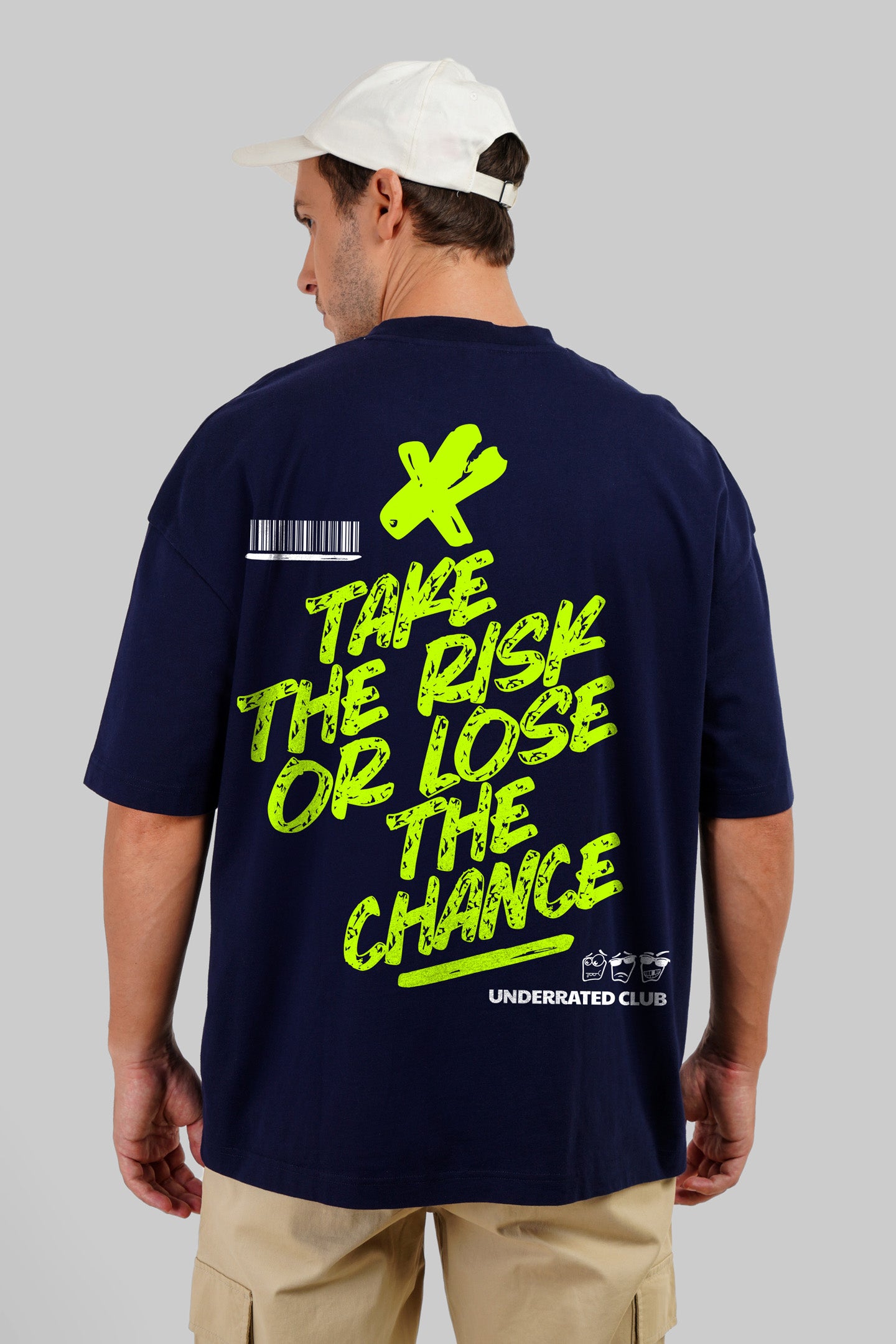 Take The Risk Neon Typographic Navy Blue Baggy Fit T-Shirt Men Pic 1