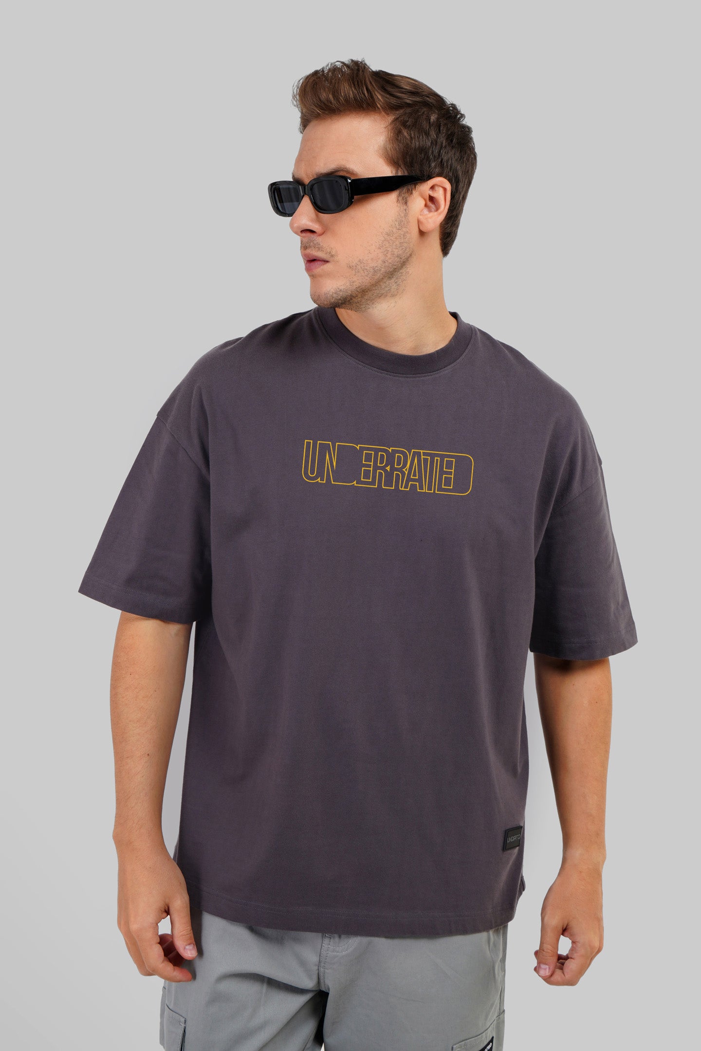 Underrated Typographic Print Dark Grey Baggy Fit T-Shirt Men