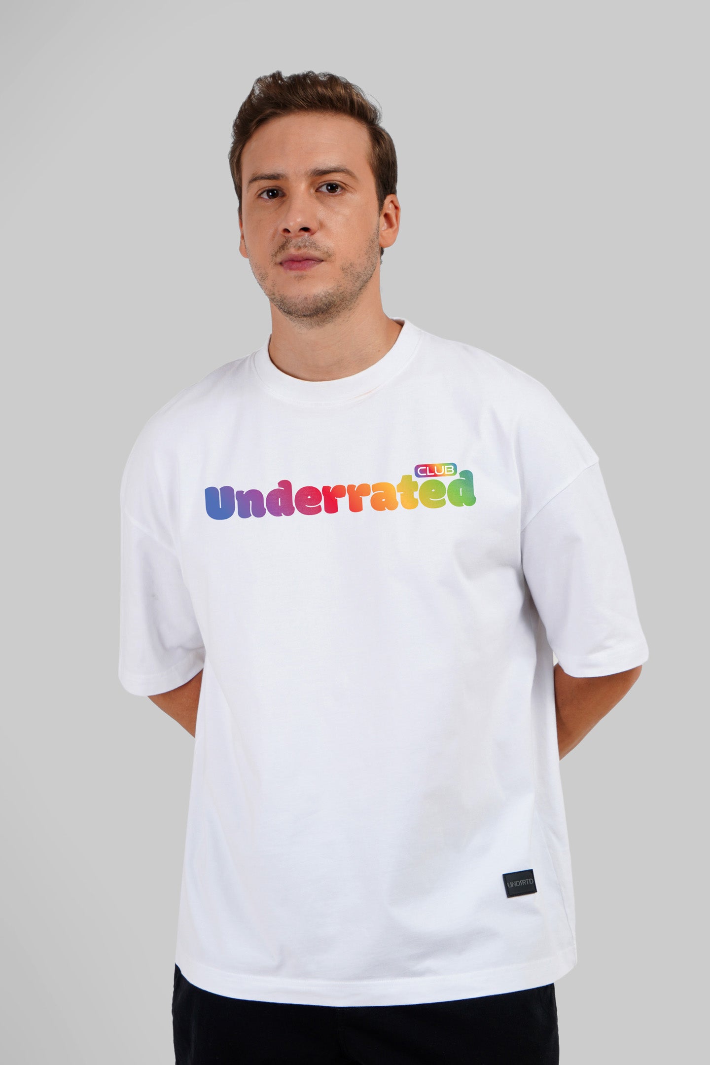 Underrated Rainbow Typography White Baggy Fit T-Shirt Men