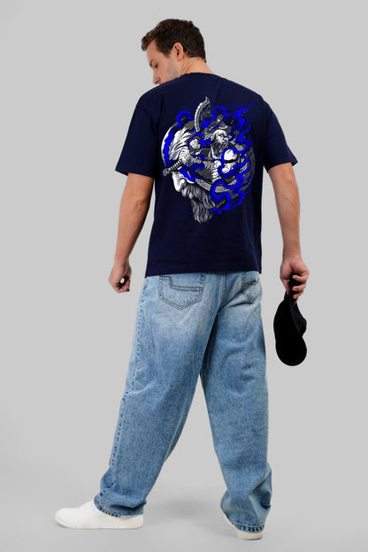 Warrior Graphic Printed Navy Blue Oversized Fit T-Shirt Men Pic 1