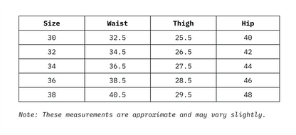 Size Chart of Men Cargo Regular Fit Denim in inches