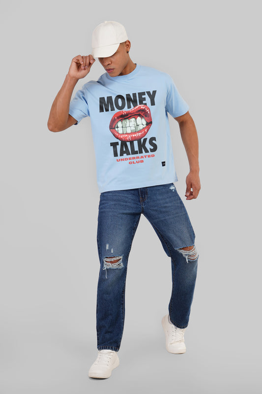 Money Talks Powder Blue Printed T-Shirt