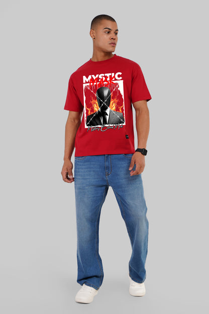 Mystic Mask Graphic Red Oversized Fit T-Shirt Men Pic 4