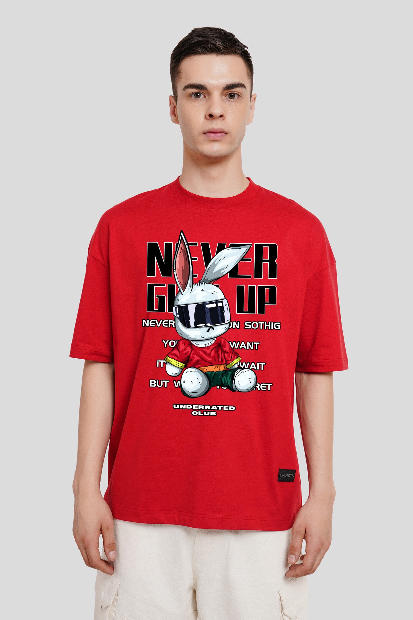 Never Give Up Red Printed T Shirt Men Baggy Fit With Front Design Pic 1