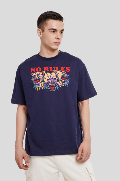 No Rules Navy Blue Printed T Shirt Men Oversized Fit With Front Design Pic 1