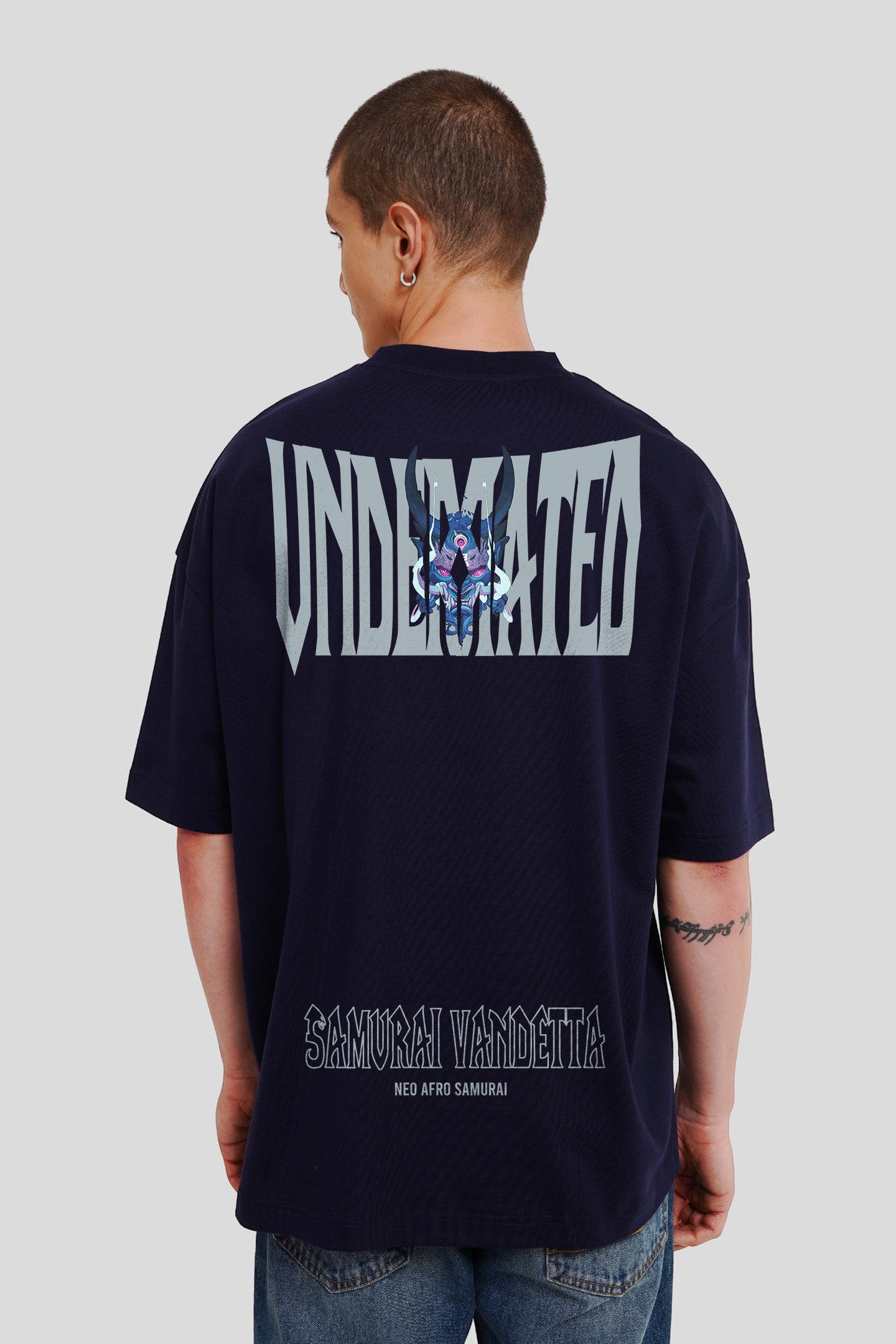 Samurai Vendetta Navy Blue Printed T Shirt Men Baggy Fit With Front And Back Design Pic 2