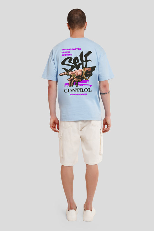 Self Control Powder Blue Printed T Shirt Men Oversized Fit With Back Design Pic 1