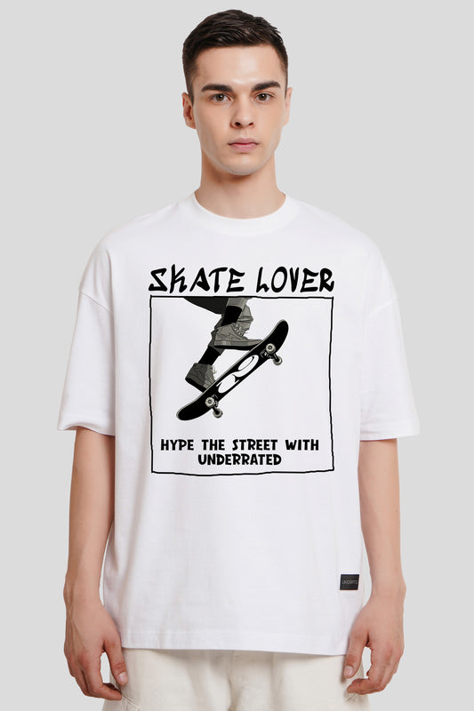 Skate Lover White Printed T-Shirt Men Baggy Fit