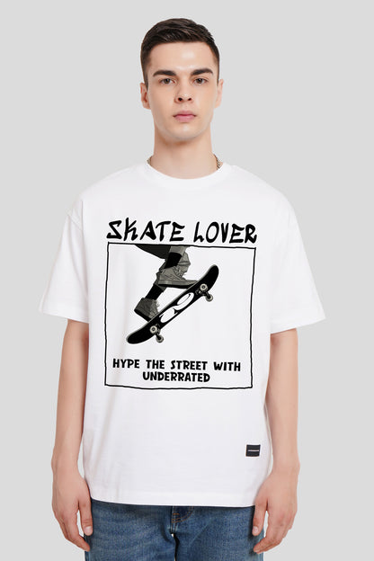 Skate Lover White Printed T Shirt Men Oversized Fit With Front Design Pic 1
