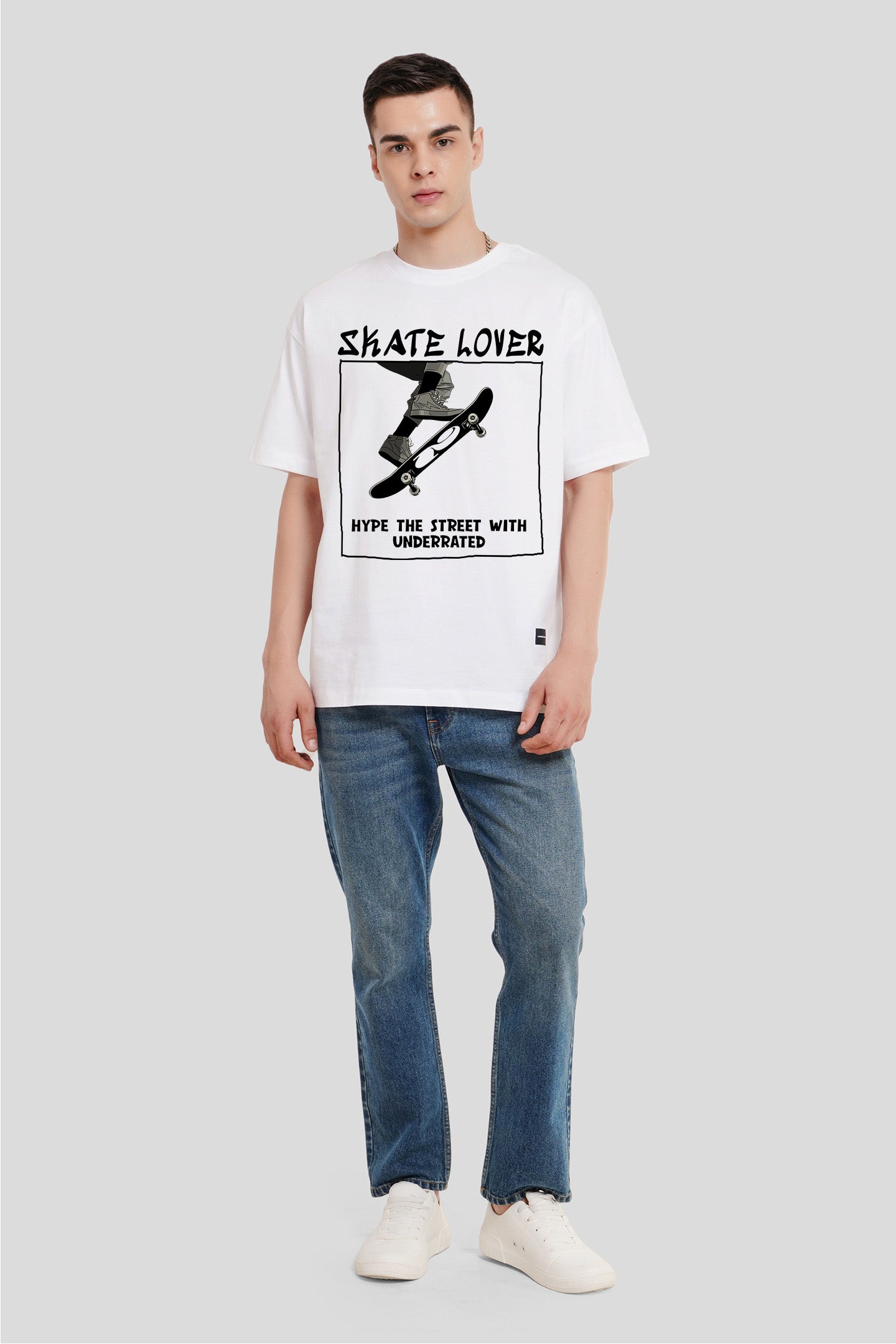 Skate Lover White Printed T Shirt Men Oversized Fit With Front Design Pic 4