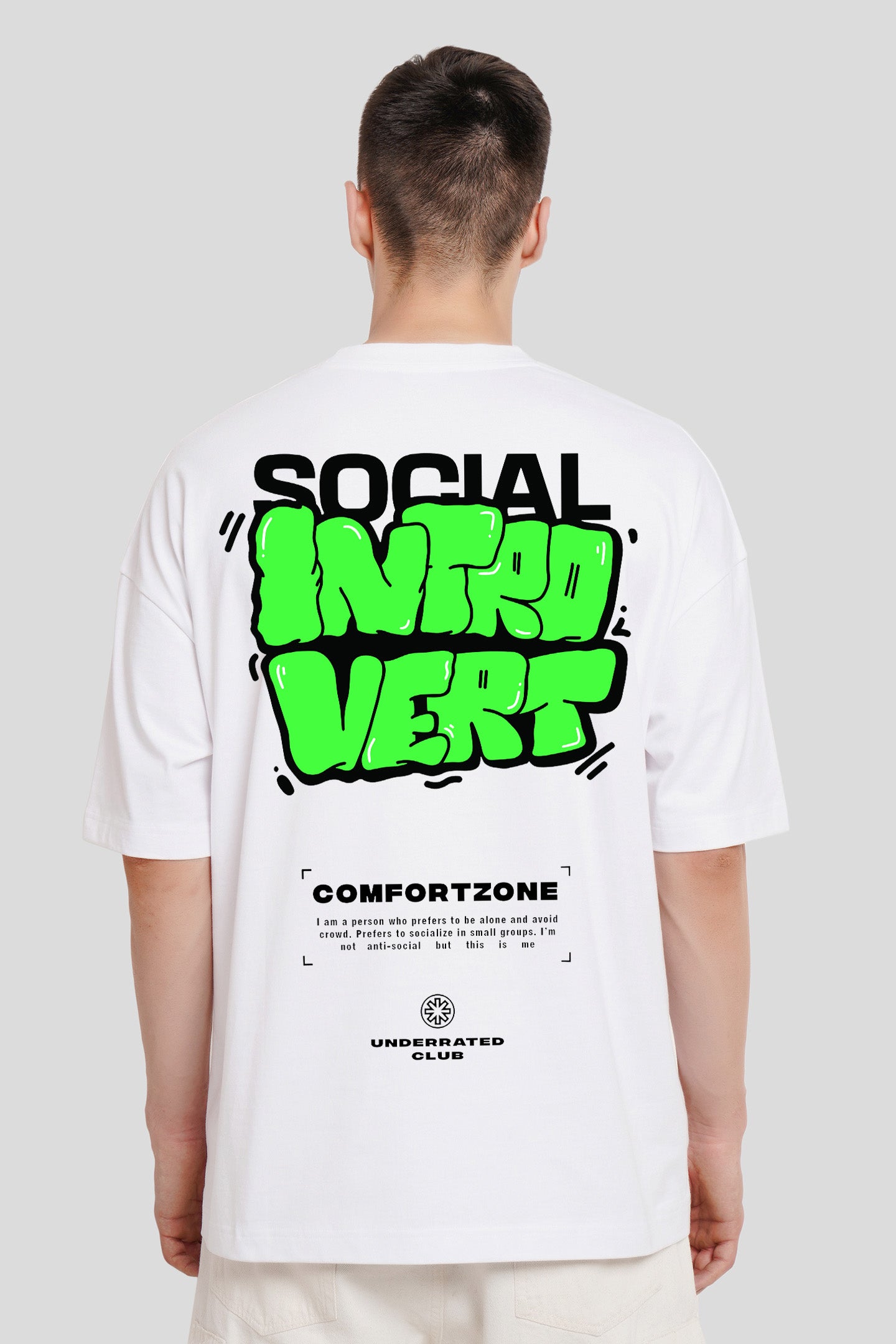 Social Introvert White Printed T Shirt Men Baggy Fit With Front And Back Design Pic 2