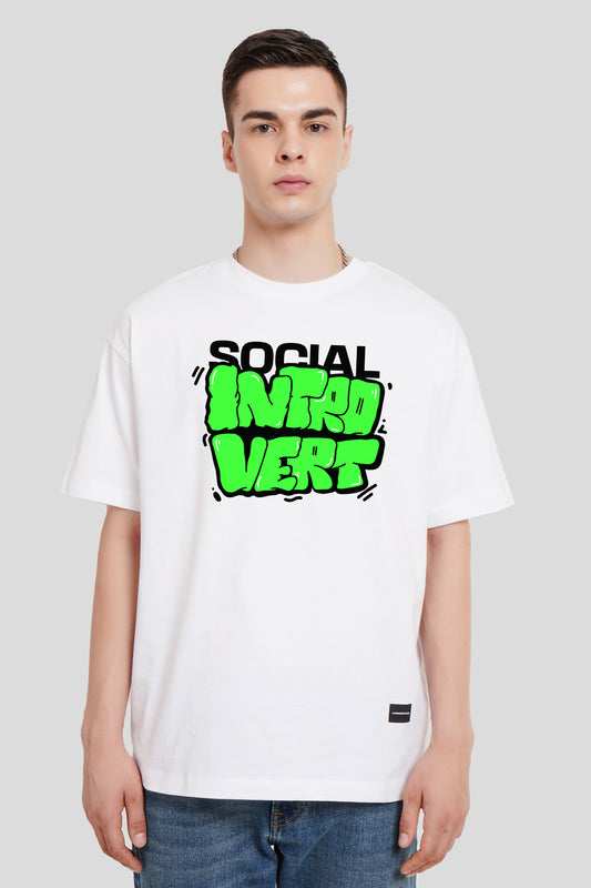 Social Introvert White Printed T Shirt Men Oversized Fit With Front And Back Design Pic 1
