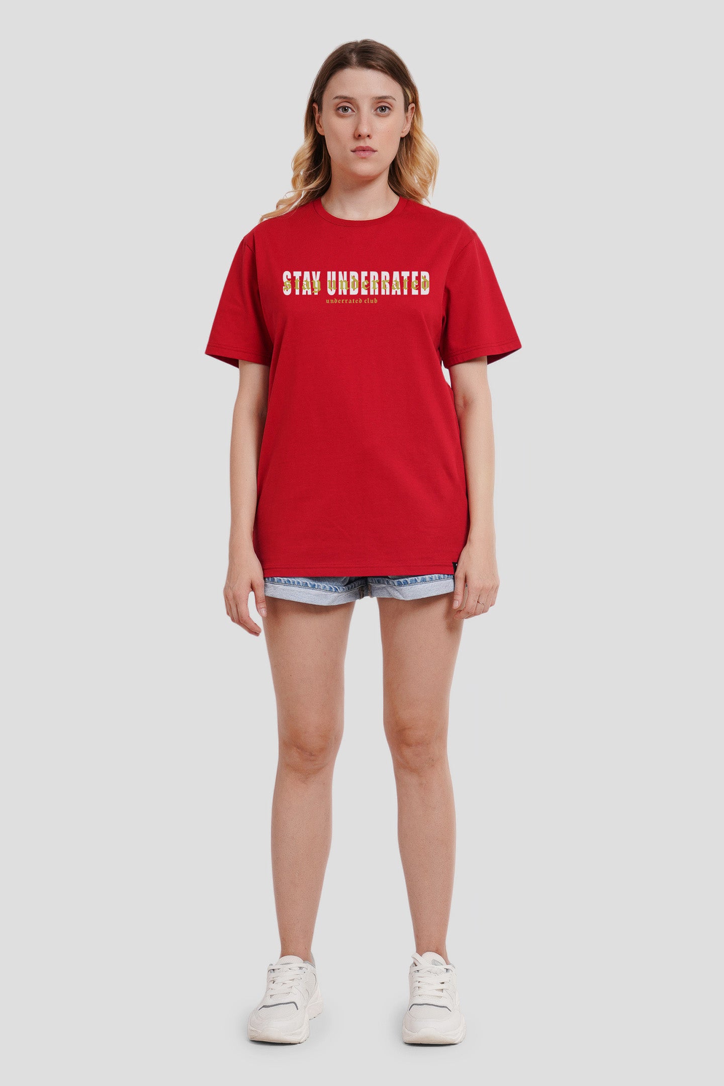 Stay Underrated Red Boyfriend Fit T-Shirt Women Pic 2