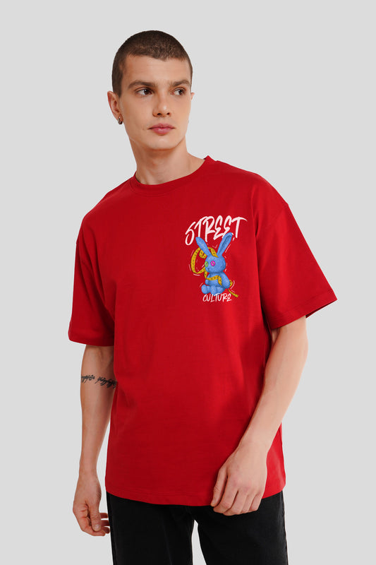 Street Culture Red Printed T-Shirt Men Oversized Fit