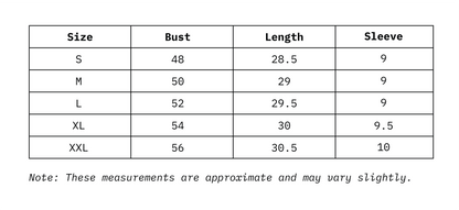 Size Chart Of Women Baggy Fit T-Shirt in inches